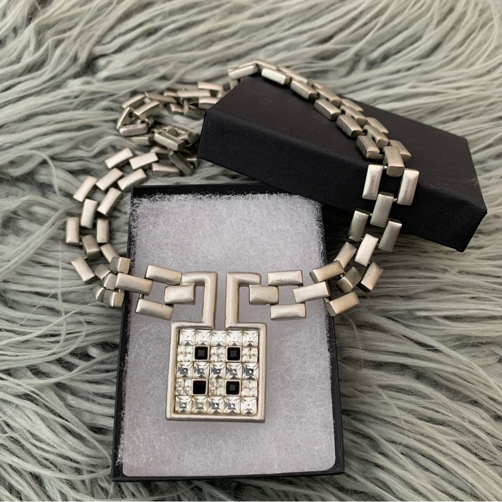 Vintage Fifth Avenue Brushed Silvertone Clear & Black Rhinestone Necklace
